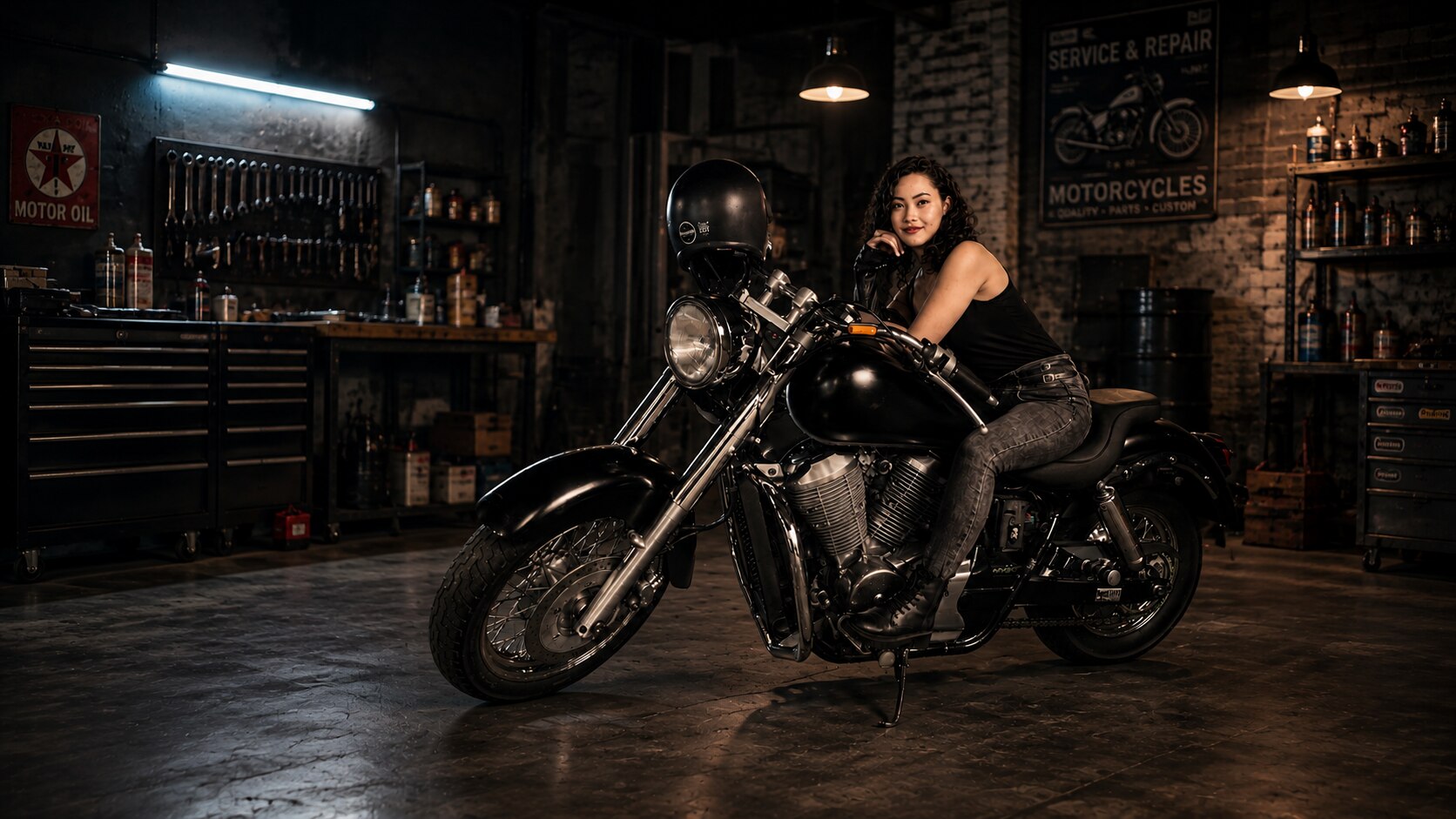 Portrait dans un garage moto